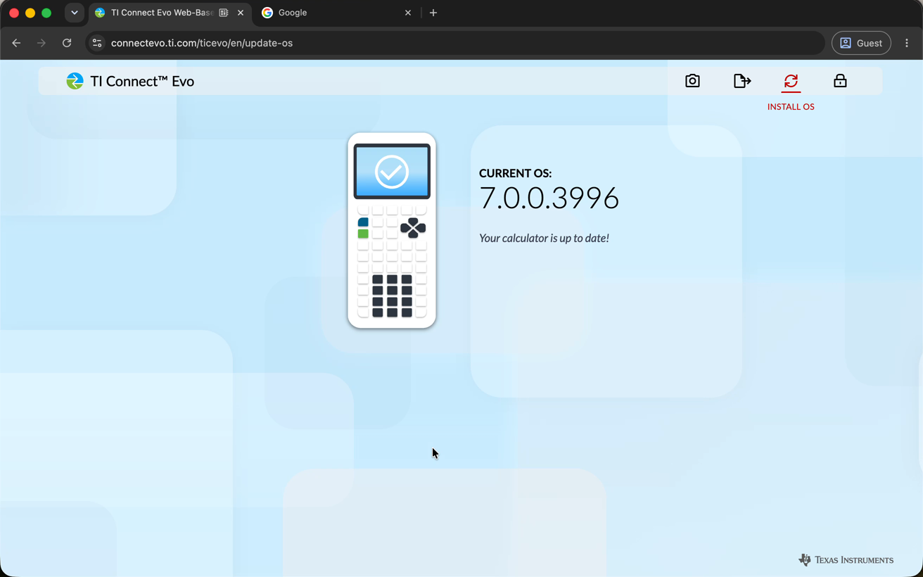 TI Connect Evo confirming the install finished: Your calculator is up to date