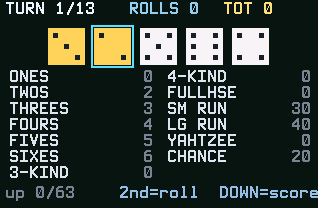 Yahtzee running on a TI-84 Evo