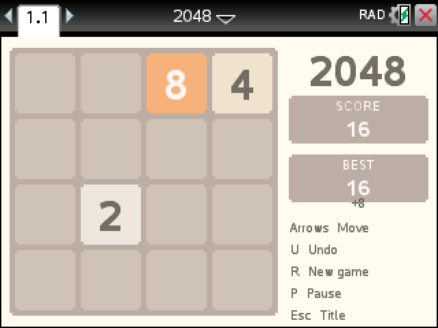 2048 on a TI-Nspire: a 4x4 board with 8, 4 and 2 tiles, score 16