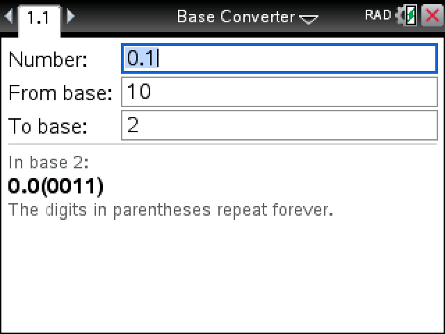 Base Converter showing 0.1 in base 2 as 0.0(0011), with the note that the digits in parentheses repeat forever