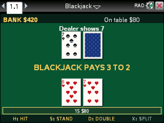 Blackjack on a TI-Nspire: 15 against the dealer's 7, with $80 on the table