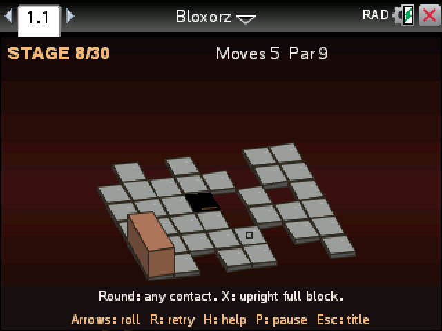 Bloxorz on a TI-Nspire: stage 8 of 30, the block on a gray tile board with a switch