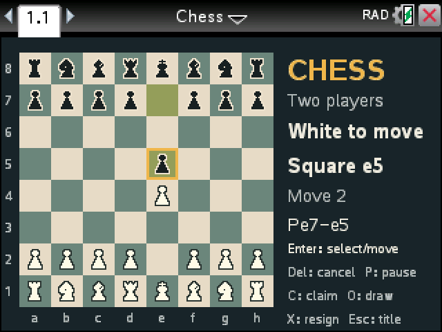 Chess on a TI-Nspire: the board after 1. e4 e5, with the move list beside it