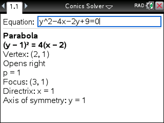 Conics Solver giving the parabola (y − 1)² = 4(x − 2) with its vertex, focus, directrix and axis of symmetry