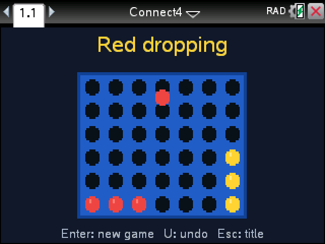 Connect 4 on a TI-Nspire: a red disc dropping into the blue grid