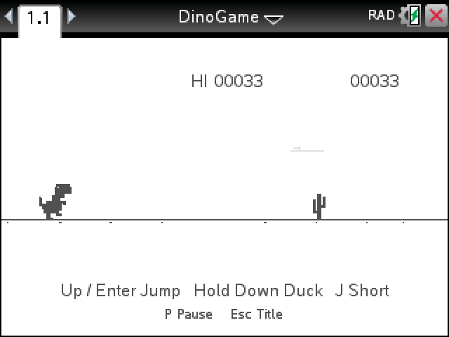 Dino Game on a TI-Nspire: the dinosaur jumping over a cluster of cacti