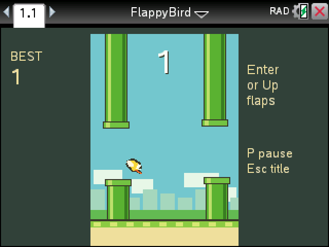 Flappy Bird on a TI-Nspire: the bird flying toward a gap in the green pipes
