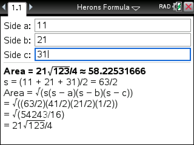 Heron's Formula on a TI-Nspire: sides 11, 21 and 31 give an area of 21√123/4 ≈ 58.22531666, with the working below
