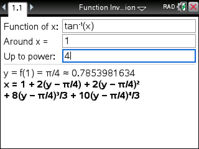 Function Inversion with tan⁻¹(x) around x = 1: y = f(1) = π/4, then a series in powers of (y − π/4)