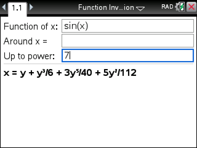 Function Inversion on a TI-Nspire giving the inverse of sin(x) as x = y + y³/6 + 3y⁵/40 + 5y⁷/112