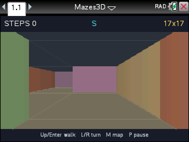Mazes 3D on a TI-Nspire: a first-person view down a corridor of colored walls in a 17x17 maze