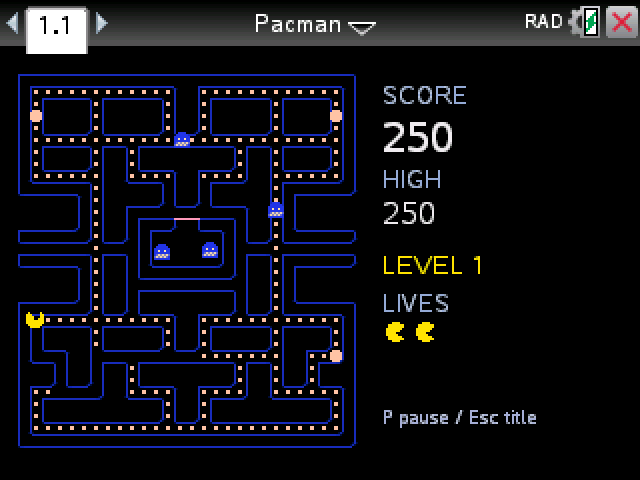 Pac-Man on a TI-Nspire: four blue ghosts in the arcade maze after a power pellet, score 250
