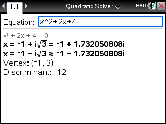 Quadratic Solver giving the complex roots −1 + i√3 and −1 − i√3 for x^2+2x+4
