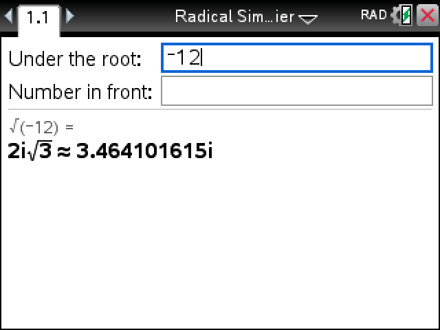 Radical Simplifier giving 2i√3 for the square root of −12
