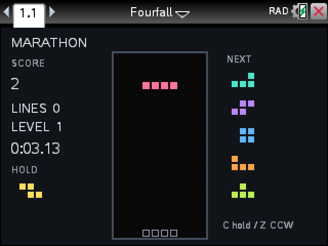 Fourfall on a TI-Nspire: Marathon mode with five next pieces and a held piece
